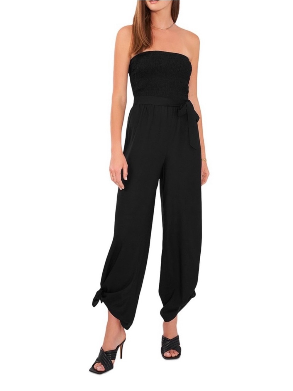 Vince Camuto Black Strapless Tie-Waist Jumpsuit with Knotted Hems